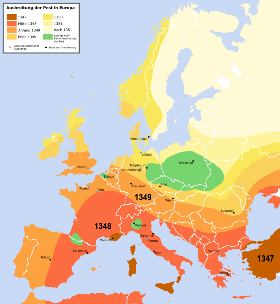 Verspreiding pest in Europa 1347-1351